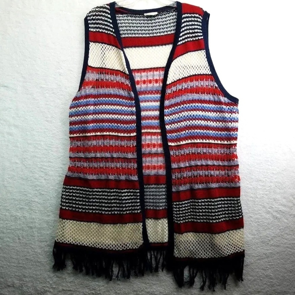 Striped Knit Sweater Vest Womens Large Red‎ Blue Fringe Boho Cardigan Open